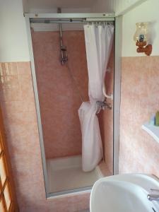 a shower with a shower curtain in a bathroom at LA BOURZEDE in Langeac