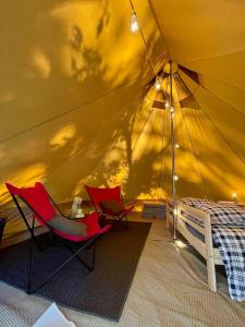 Una habitación con una tienda de campaña con sillas y una cama en Tente Indiana Pins - La Téouleyre, en Saint-Julien-en-Born