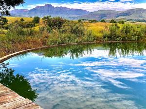 una piscina de agua con montañas en el fondo en Drakensberg Inkosana Lodge, en Champagne Valley