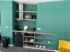 una cucina con pareti verdi e scaffali in legno di PLAN B City Center Aparthotel ad Andorra la Vella