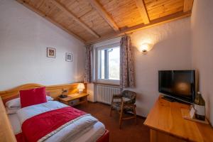 a bedroom with a bed and a tv and a window at Sporthotel Teresa in Badia