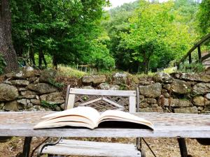 un libro aperto seduto sopra una panca di legno di Agricamping Ponteraggio n.1 a Dolceacqua