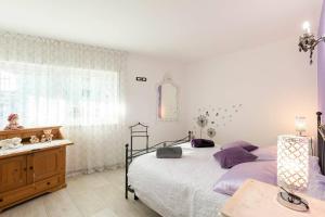sypialnia z łóżkiem z fioletowymi poduszkami i oknem w obiekcie La Terrazza suite stile retrò, 90 mq con doccia sauna Wi-Fi terrazzo e garage w Trydencie