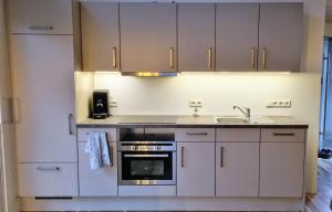 a kitchen with white cabinets and a sink at Exklusives Holzhaus mit Bergbahn - Baden-Baden im Schwarzwald in Baden-Baden