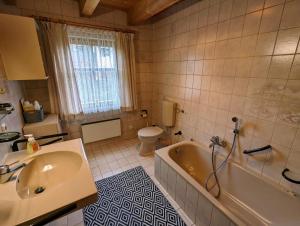 y baño con bañera, lavabo y aseo. en Waldhaus 46, 48, 49 im Waldferiendorf, en Regen