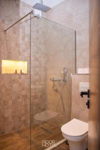 y baño con ducha de cristal y aseo. en Ador Hotel North Mitrovica, en Kosovska Mitrovica