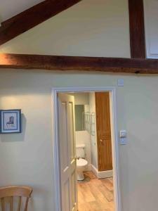um quarto com uma casa de banho com um WC e uma porta em The Old Granary at Red House Farm em Ripon