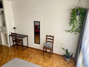 Habitación con 2 sillas, mesa y espejo. en Monoambiente en el Obelisco, cochera opcional en Buenos Aires