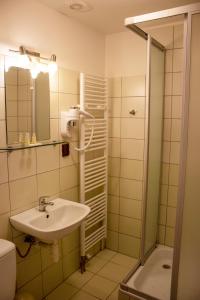 een badkamer met een wastafel en een douche bij Penzion Bojnice in Bojnice