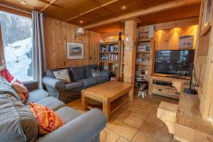 a living room with a couch and a tv in a cabin at Chalet Clearmount with Spa in Méribel