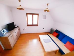 een woonkamer met een blauwe bank en een tv bij Apartmány Goral Oravice in Vitanová