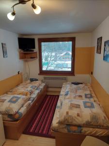 two beds in a room with a window and a rug at Apartmány Goral Oravice in Vitanová