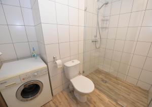 a bathroom with a toilet and a washing machine at Bears Apartments in Palanga