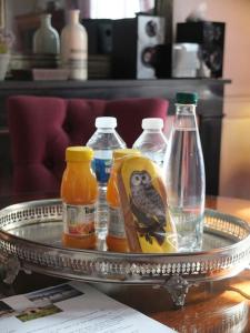 a tray with bottles of drinks and a bird on a table at CHARMING FLAT IN HISTORICAL CENTRE in Dijon