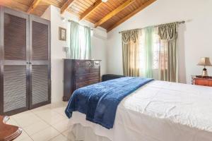 een slaapkamer met een bed met een blauwe deken erop bij Impeccable 2-Bed House in Montego Bay in Montego Bay