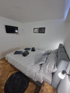 a bed in a room with a couch and a tv at B-TIM Apartment in Velika Gorica