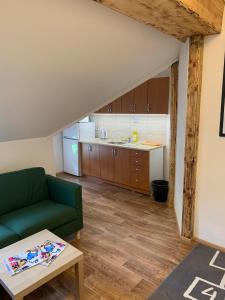 a living room with a green couch and a kitchen at Penzion U Orla in Petříkov