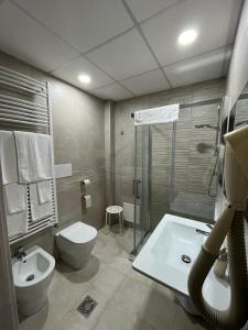 ein Bad mit einer Dusche, einem WC und einem Waschbecken in der Unterkunft Park Hotel in Scanno