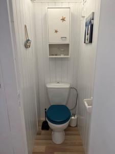 a small bathroom with a toilet with a blue seat at Maison indépendante avec 6 chambres proche du tram A in Lormont