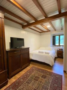 1 dormitorio con 1 cama y TV de pantalla plana en Apartamentos Les Casines De San Martin con Aparcamiento y Wifi Incluido, en San Martín de Bada
