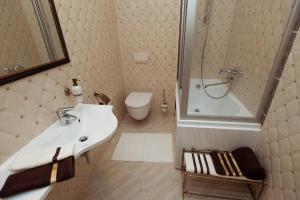 a bathroom with a sink and a shower and a toilet at Apartamentai Vyta in Klaipėda +15 photos