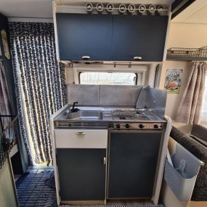 a kitchen with a stove and a sink in an rv at Louise´s Camper in Neusiedl an der Zaya
