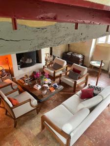 a living room with couches and a table and a fireplace at Domaine de La Vove - Maison d'hôtes classée, cadre paisible et naturel - ambiance insolite jardin paysager doté d'une terrasse spacieuse - une vue panoramique exceptionnelle -authenticité et élégance in Corbon