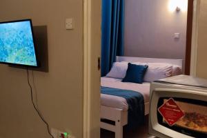 a room with a bed with a tv and a bed with at One bedroom fully furnished apartment in Kiambu