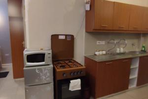 a small kitchen with a stove and a microwave at One bedroom fully furnished apartment in Kiambu