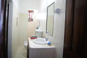 ein Badezimmer mit einem Waschbecken, einem WC und einem Spiegel in der Unterkunft Luciano & Grace Apartments in Watamu