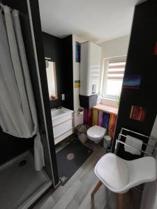 a small bathroom with a toilet and a sink at Lodge Starlette Spa privatif à Meisenthal in Meisenthal +20 photos