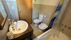 une salle de bain avec un lavabo, des toilettes et une baignoire dans l'établissement Hermoso departamento en el centro de SMA con balcón. 4/2, à San Martín de los Andes 26 autres photos