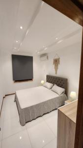 a bedroom with a bed and a flat screen tv at SEAVIEW LUXURY APPARTMENT in Flic-en-Flac