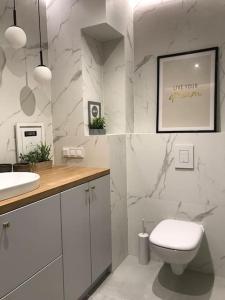 a white bathroom with a toilet and a sink at Garden Gates - luxury apartment in the heart of Gdańsk old town in Gdańsk