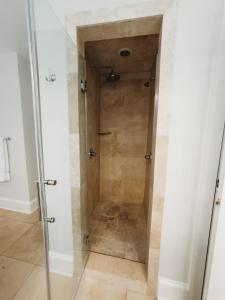 um chuveiro com uma porta de vidro na casa de banho em The Jefferson Inn em Southern Pines