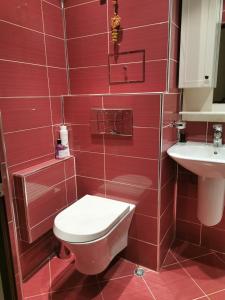 bagno rosso con servizi igienici e lavandino di Dabnika a Vratsa