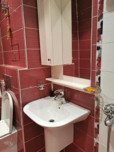 een badkamer met een witte wastafel en een spiegel bij Dabnika in Vratsa
