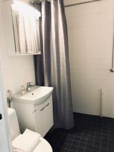 a bathroom with a sink and a shower curtain at Kotimaailma Pori asunto 4 henkilölle in Pori