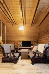 Alpska kuća Klek في Jasenak: غرفة معيشة فيها كرسيين وبيانو
