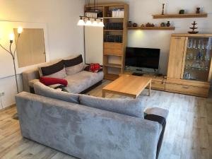 a living room with two couches and a television at Nehmzowsgang 13 in Zingst