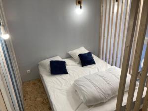 białe łóżko z dwoma niebieskimi poduszkami w obiekcie Agréable studio proche de Rouen w mieście Le Grand-Quevilly