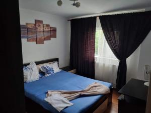 a bedroom with a blue bed and a window at Vila Madalina in Eforie Sud