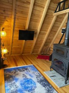 an attic room with a stove and a tv at Sapanca Çağlayan Bungalow in Sapanca