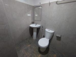 a bathroom with a white toilet and a sink at Escape Ella Bungalow in Bandarawela