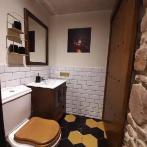 a bathroom with a toilet and a sink at Casa rural rústica para parejas, familia o amigos a la montaña "EL COLMENAR" in Chóvar