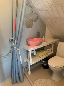 een badkamer met een kom op een plank naast een toilet bij Strandbadsgården B&B in Löderup