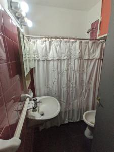 baño con lavabo y cortina de ducha en Departamento Ñandú - 2 ambientes zona Güemes en Mar del Plata