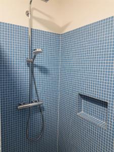 eine blau geflieste Dusche mit Duschkopf im Bad in der Unterkunft "Pipistrello" in Ronco sopra Ascona