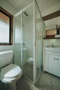 y baño con aseo, ducha y lavamanos. en Cabañas Metreñehue - Parque Metreñehue, en Pucón