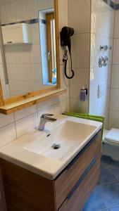 a bathroom with a sink and a mirror and a toilet at Anne am Kurpark in Bad Tölz